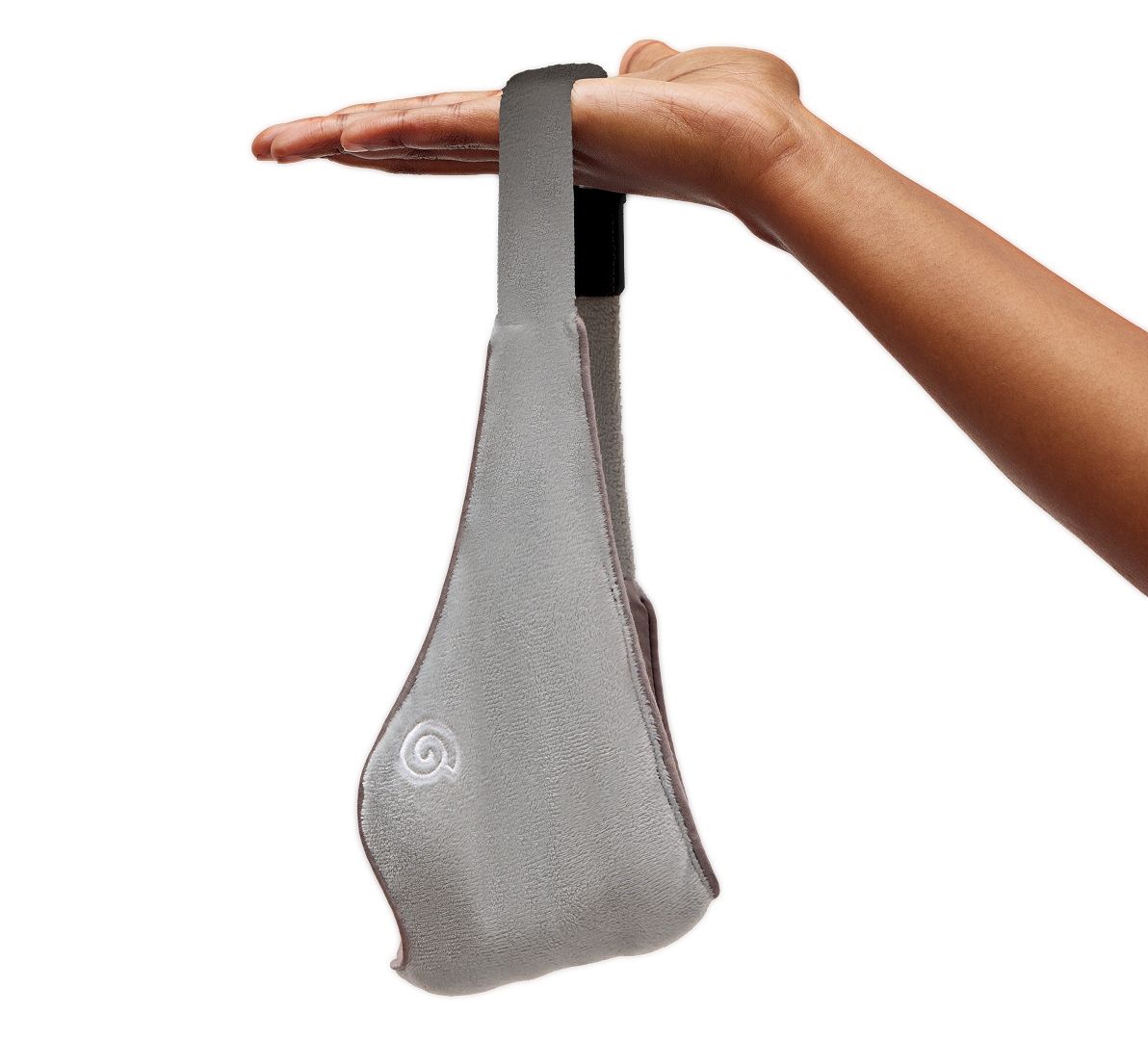 model holding a grey gravity weighted eye mask
