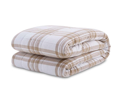 Taupe plaid flannel blanket folded against a white backdrop #color_taupe-plaid